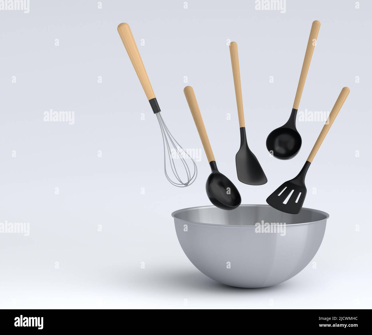 Metal bowl with kitchen utensil for preparation of dough on white