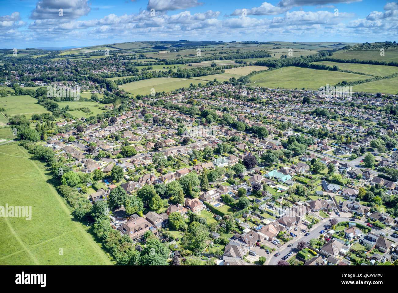 Aerial photo of the Findon valley between the South Downs and the beautiful countryside of West Sussex in England. Stock Photo