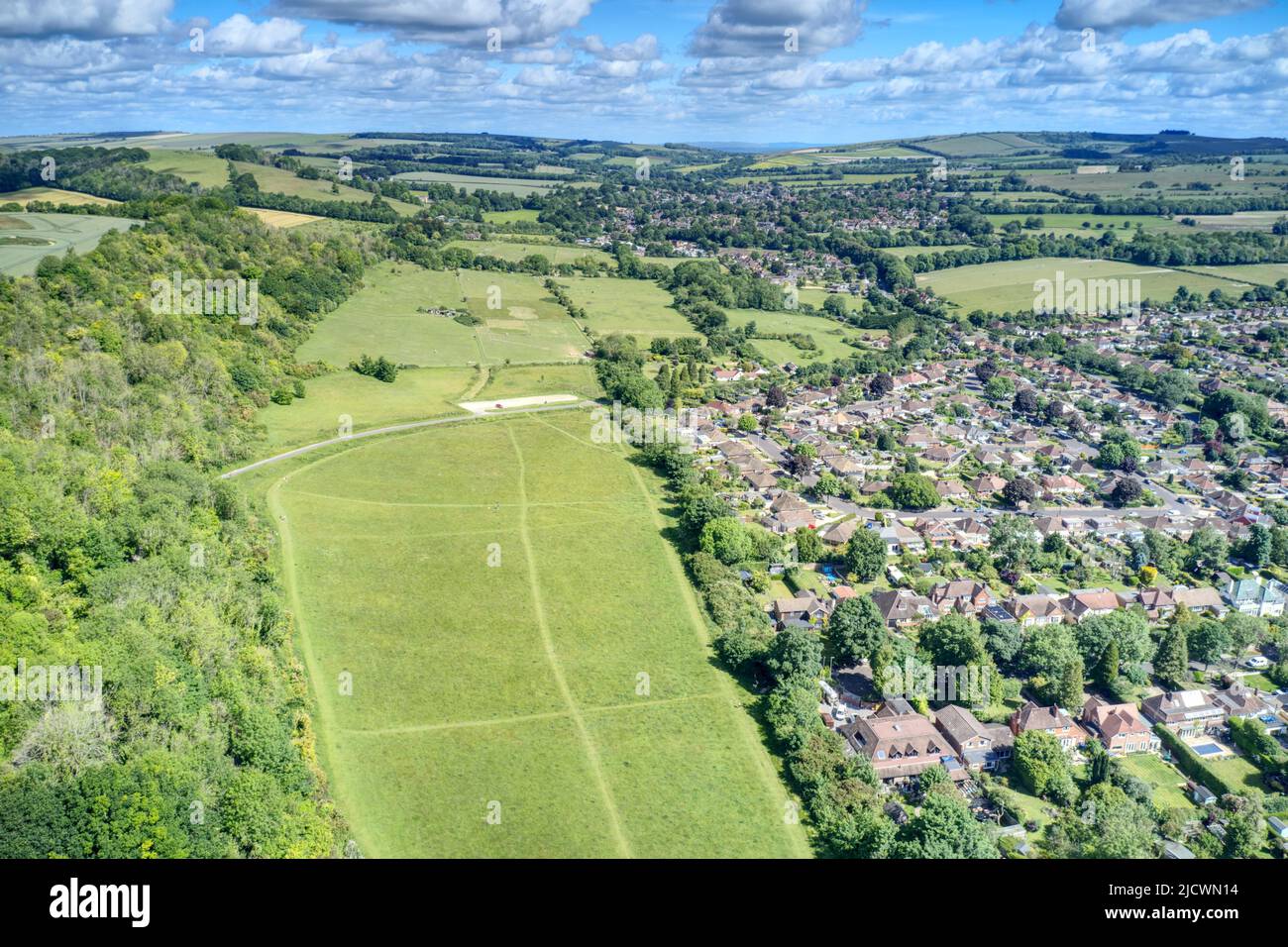Aerial of the Findon valley between the South Downs and the beautiful countryside of West Sussex in England. Stock Photo