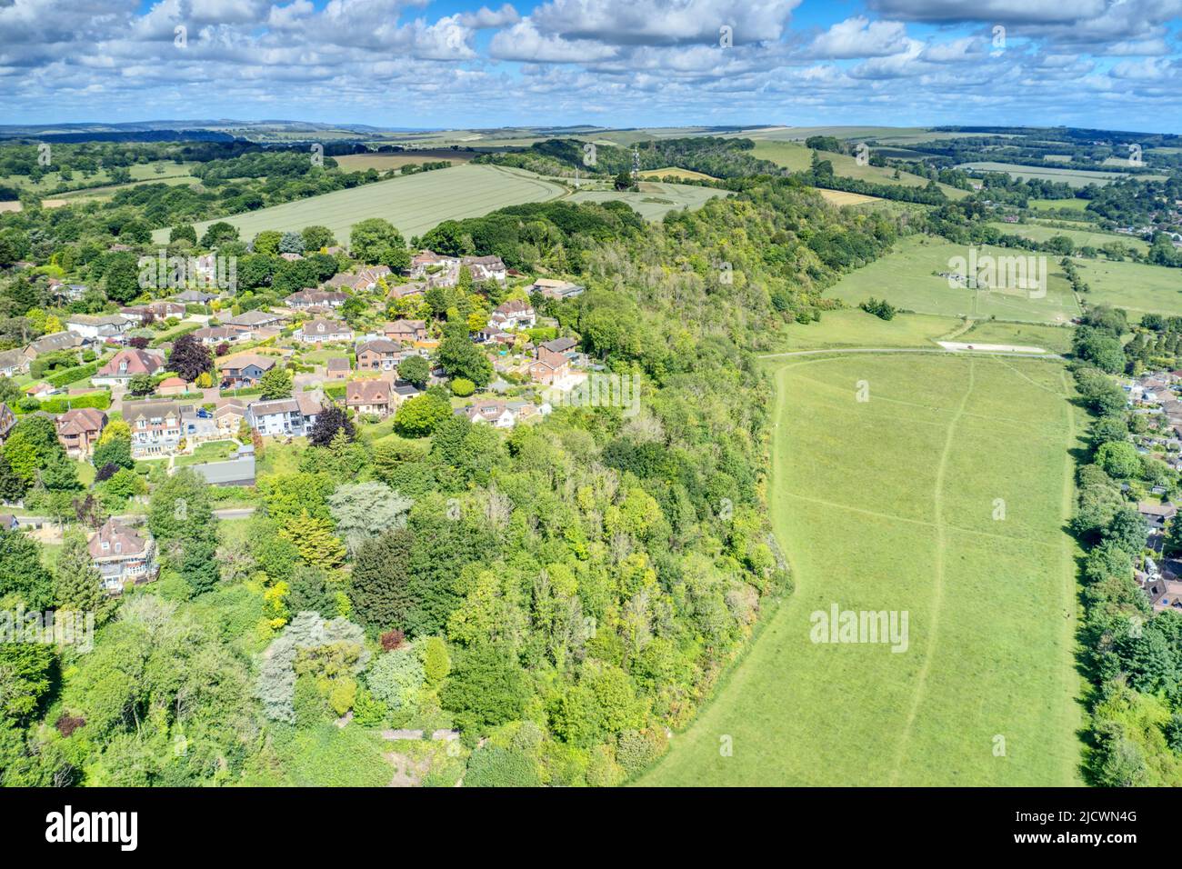 Aerial photo High Salvington and the Findon valley between the South Downs and the beautiful countryside of West Sussex in Southern England. Stock Photo
