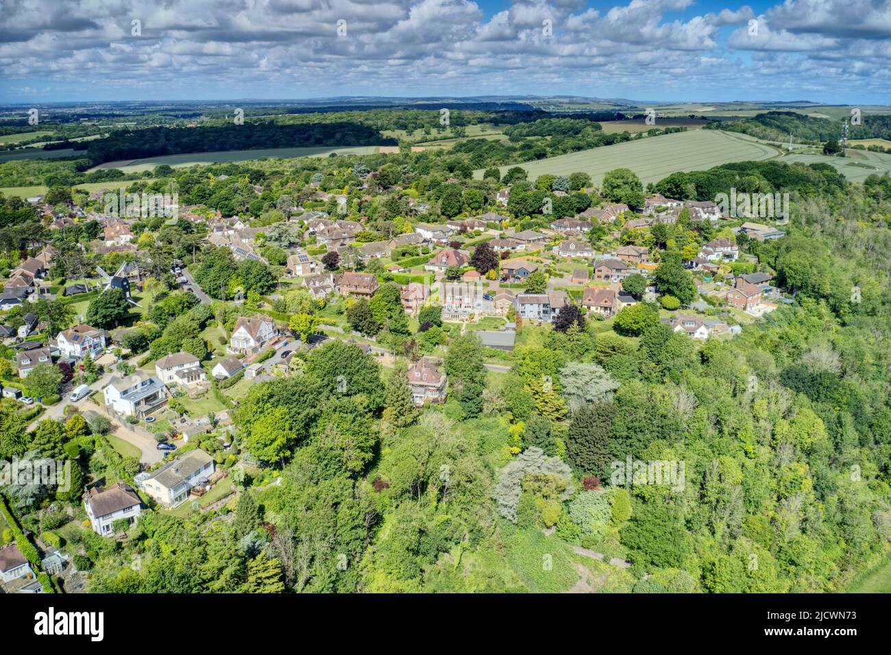 Aerial photo of High Salvington near the Findon valley between the South Downs and the beautiful countryside of West Sussex in Southern England. Stock Photo