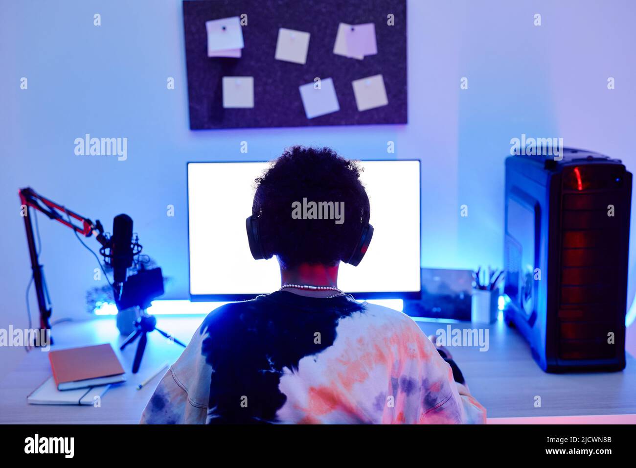 Minimal back view of teenage boy playing video game on PC and streaming ...