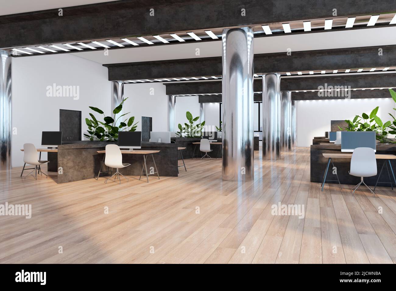 Perspective view on sunny spacious stylish coworking office with wooden floor, metallic columns and dark stone partitions divided comfortable work pla Stock Photo