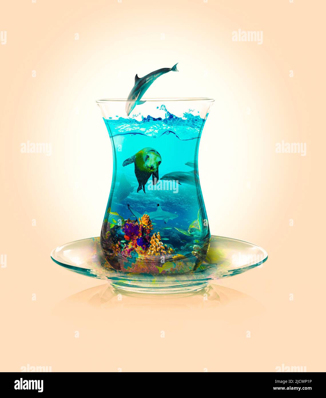 Submarine in tea cups. Dolphin fish, turtle, sea lion and tropical fish. Photo manipulation. 3D illustration. Micro world. Stock Photo