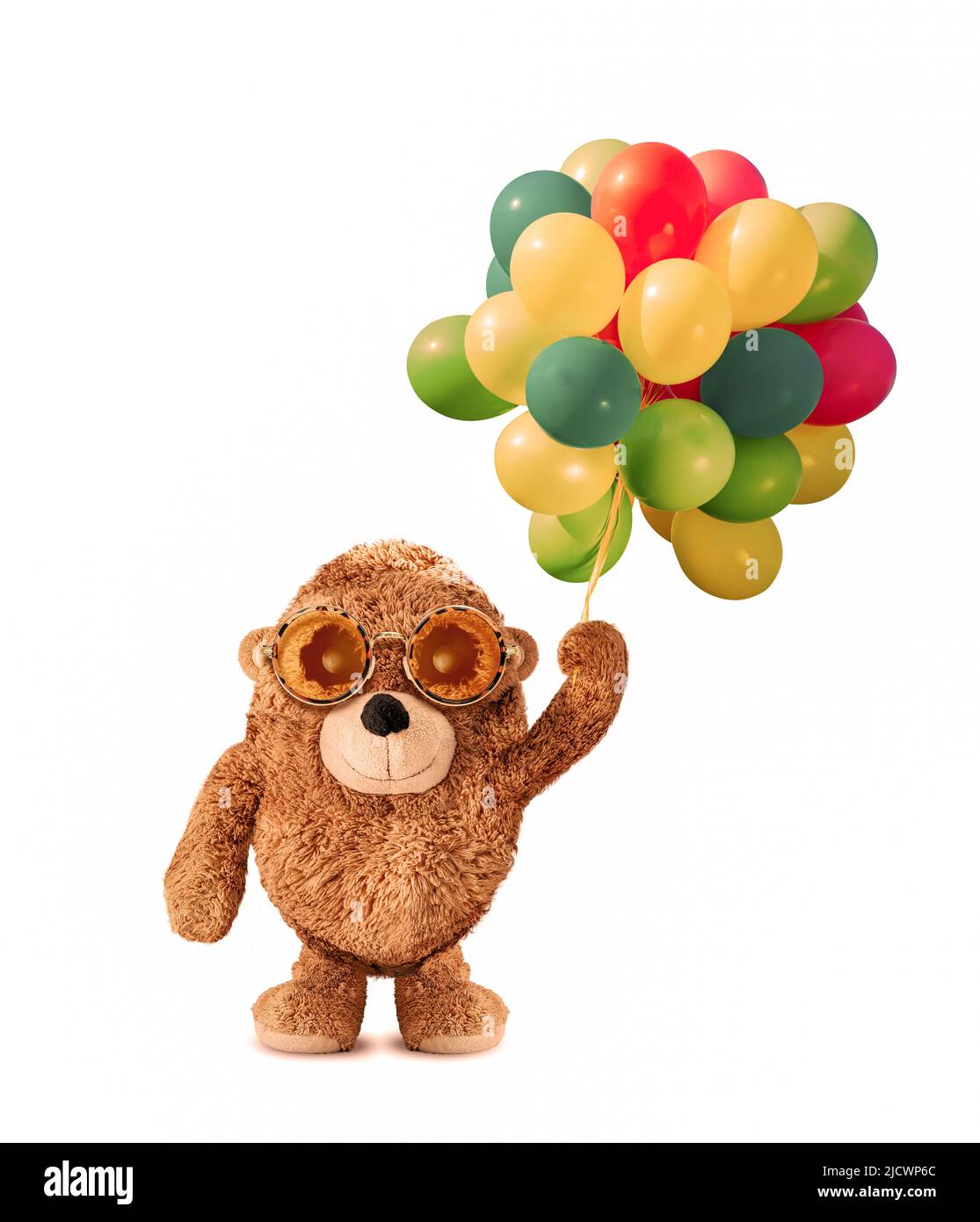 Happy plush bear having fun with colorful balloons. Plush bear character reinterpreted with photo manipulation. Cute plush bear. Valentine's Day. Stock Photo
