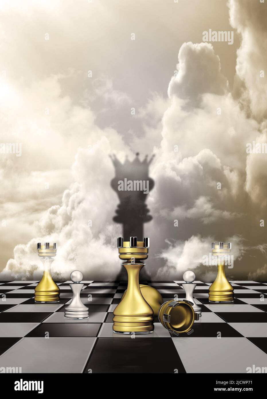 3D illustration. Overturned chess pieces and board. Crown of a king. Stock Photo