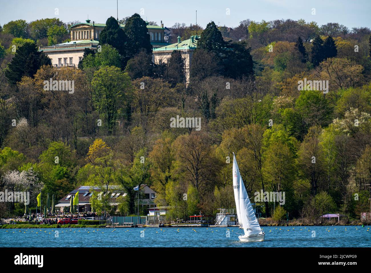 Lake Baldeney, Ruhr reservoir, Villa Hügel, sailing boat, Essen, NRW, Germany, Stock Photo