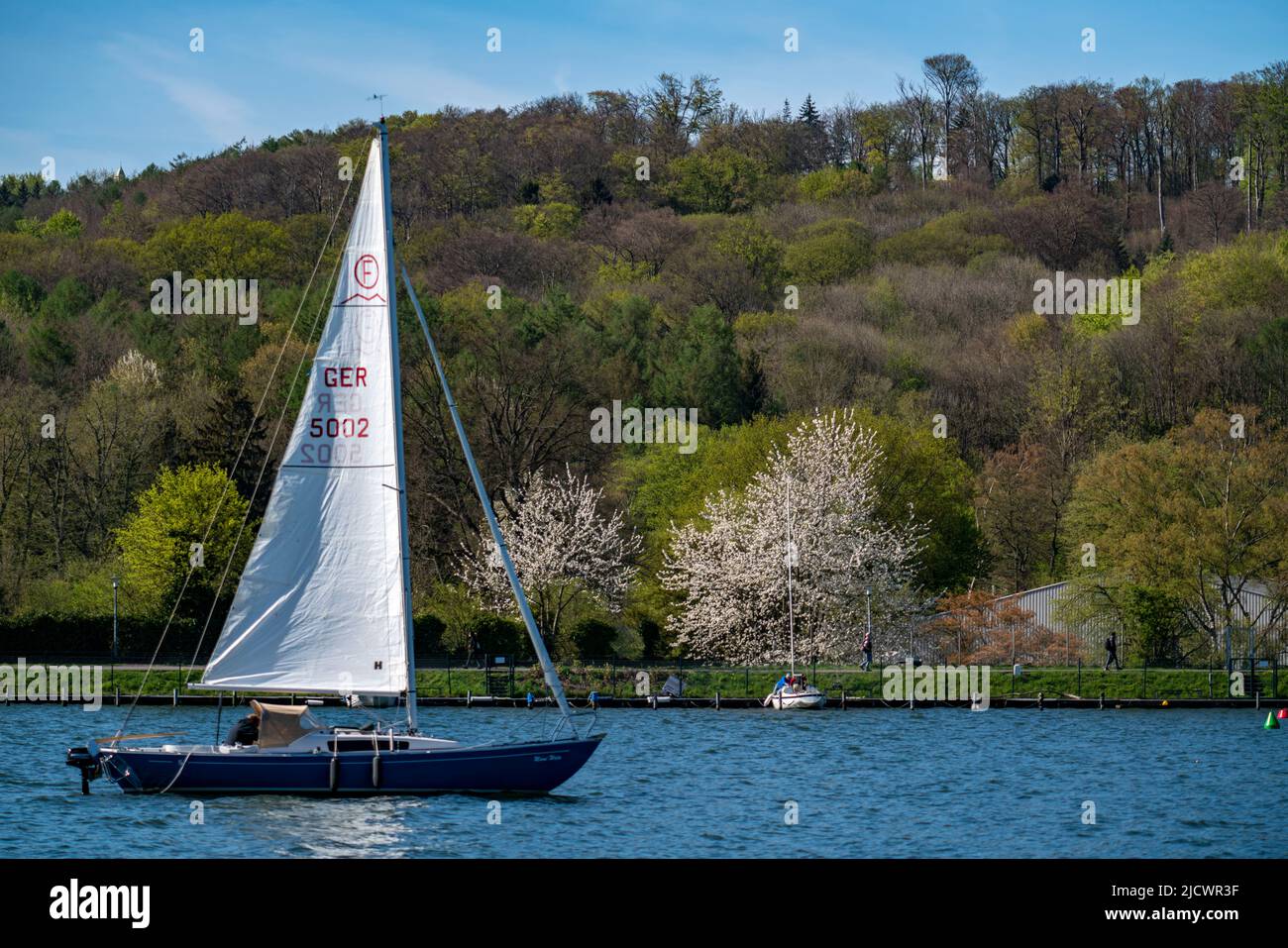 Lake Baldeney, Ruhr reservoir, sailing boat, spring, Essen, NRW, Germany, Stock Photo
