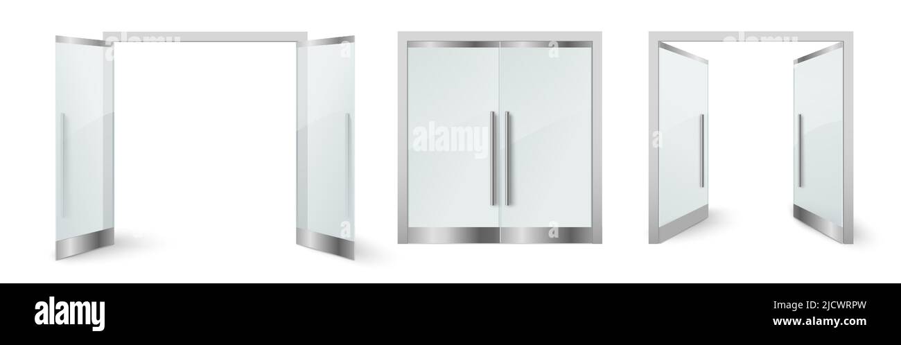 Closed and opened glass door realistic vector set Stock Vector