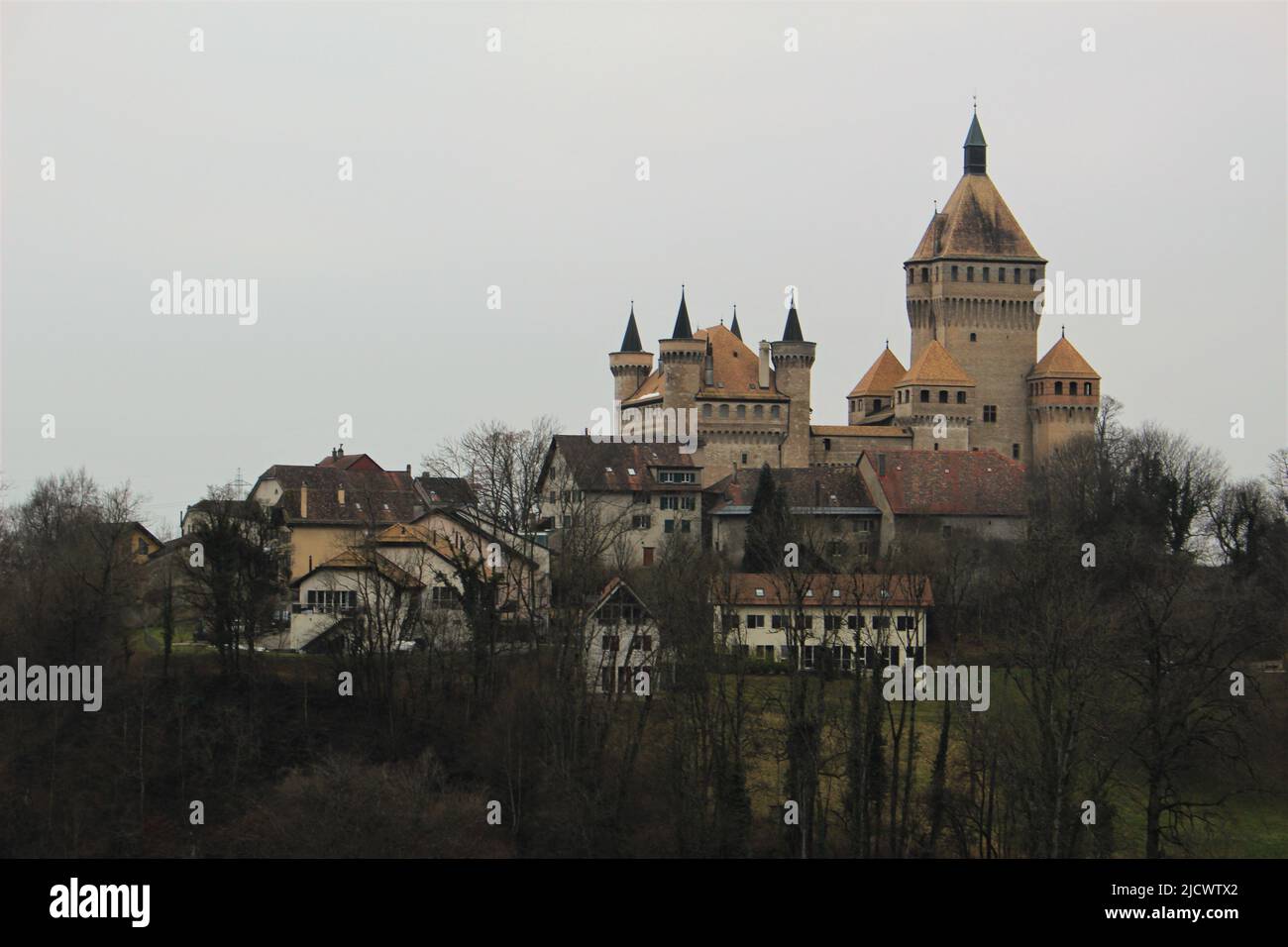 Château de Vufflens (Vufflen Castle) seen from afar on a foggy day in winter (Vufflen, Vaud, Switzerland) Stock Photo