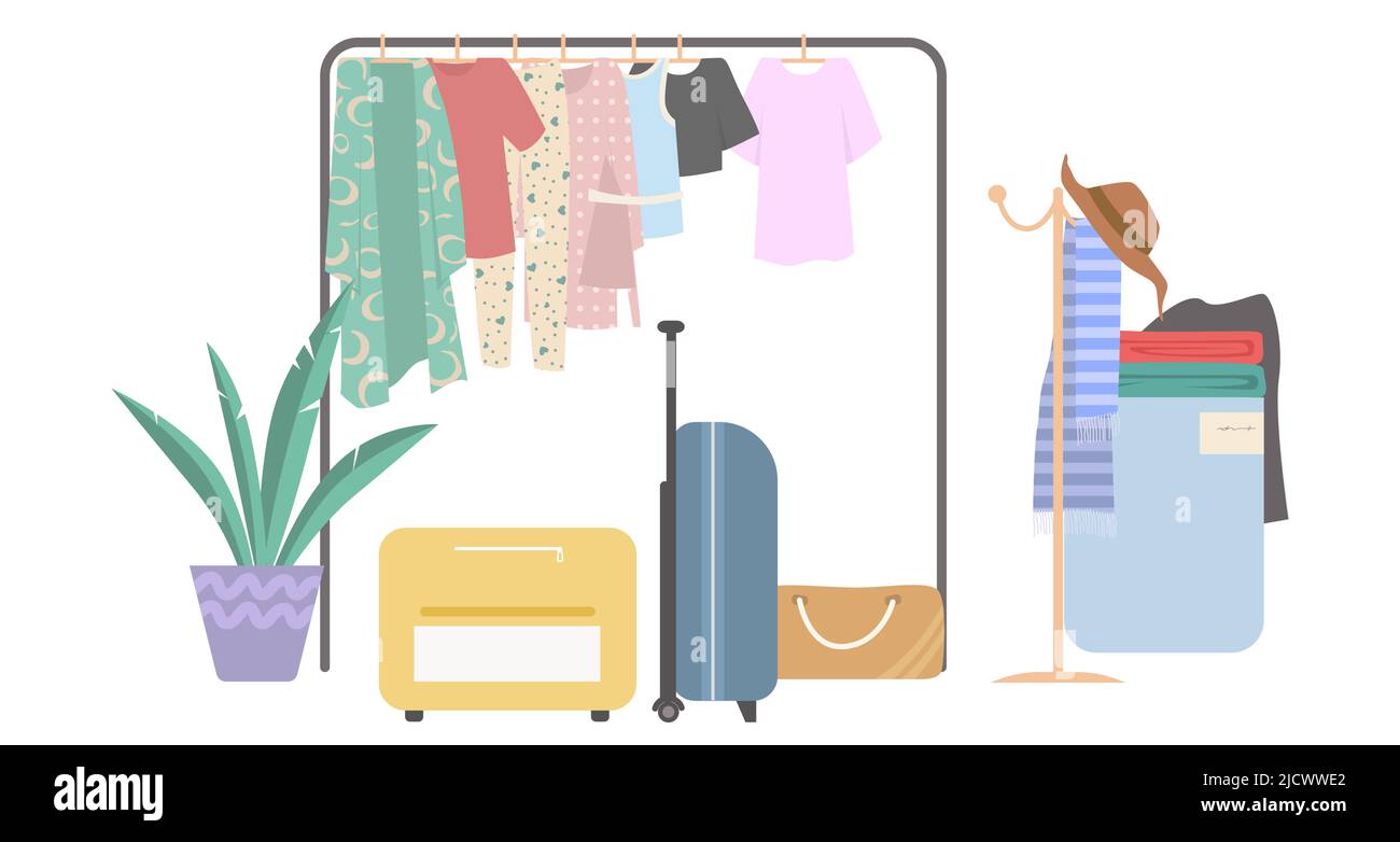 Clothes hanging on rack with accessories vector Stock Vector