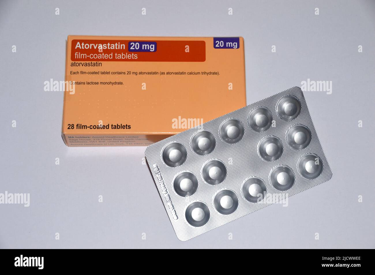 A Box of 28, 20mg Film Coated Atorvastatin (Lipitor) 'Statin' Tablets made by Accord Prescribed