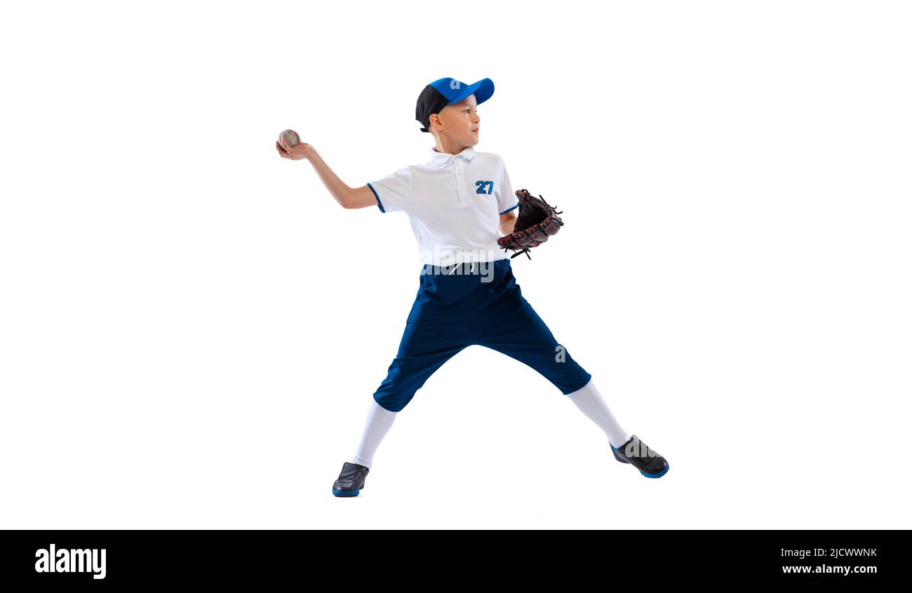 Little boy, baseball player, pitcher in bluewhite uniform training