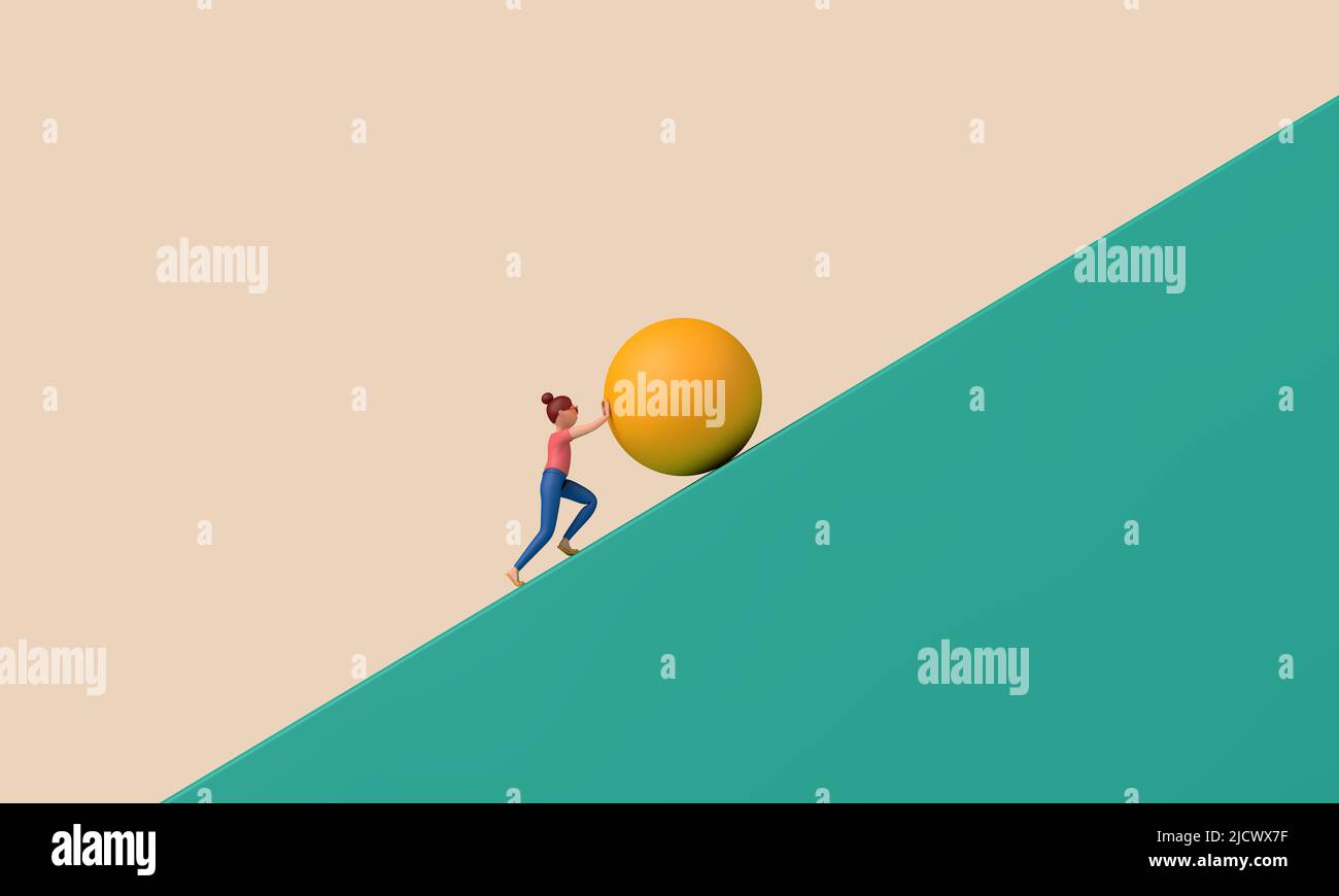 Female character pushing a large ball up a steep hill. Business