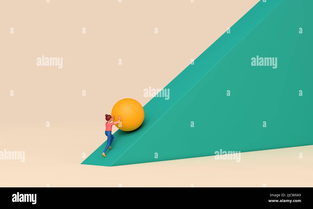 Female character pushing a large ball up a steep hill. Business