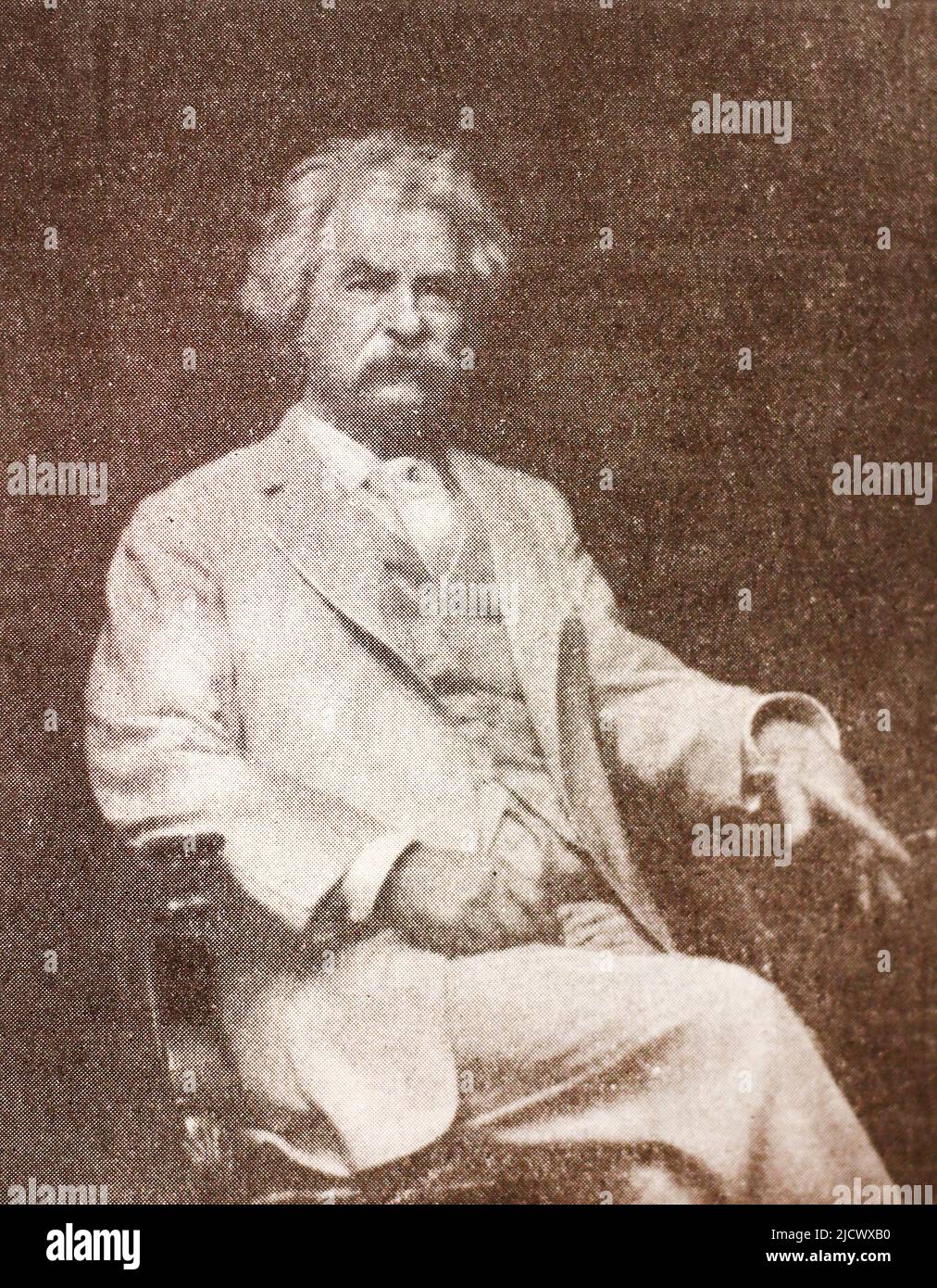 Portrait of Mark Twain. Samuel Langhorne Clemens (1835 – 1910), known by his pen name Mark Twain, was an American writer, humorist, entrepreneur, publisher, and lecturer. He was lauded as the 'greatest humorist the United States has produced', and William Faulkner called him 'the father of American literature'. His novels include The Adventures of Tom Sawyer (1876) and its sequel, Adventures of Huckleberry Finn (1884), the latter of which has often been called the 'Great American Novel'. Stock Photo