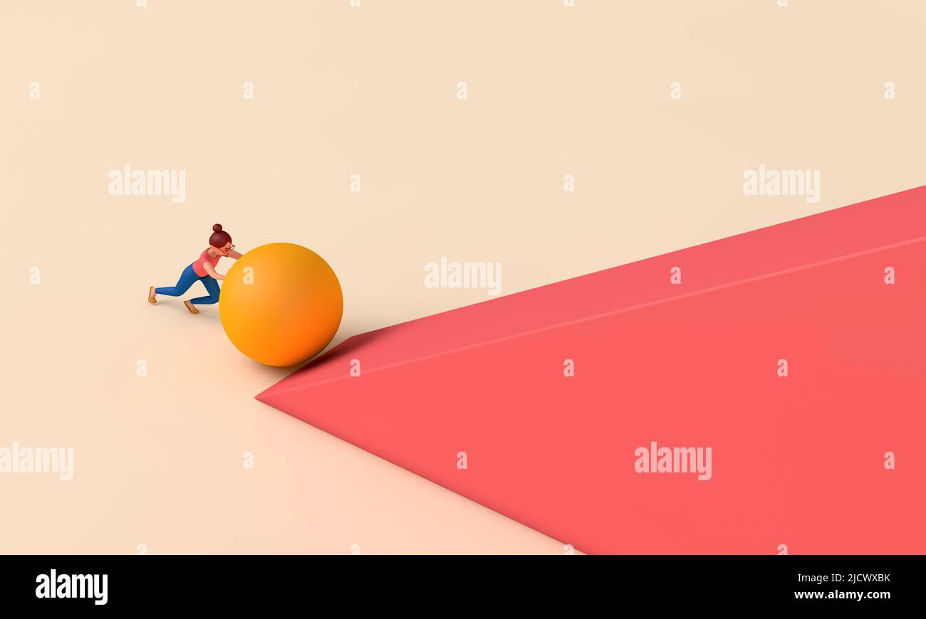 Female character pushing a large ball up a steep hill. Business