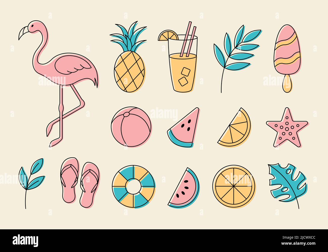 Set of simple outline cute summer elements. Flamingo, watermelon, pineapple, lemon, cocktail, ice cream, slippers. Vector illustration. Stock Vector