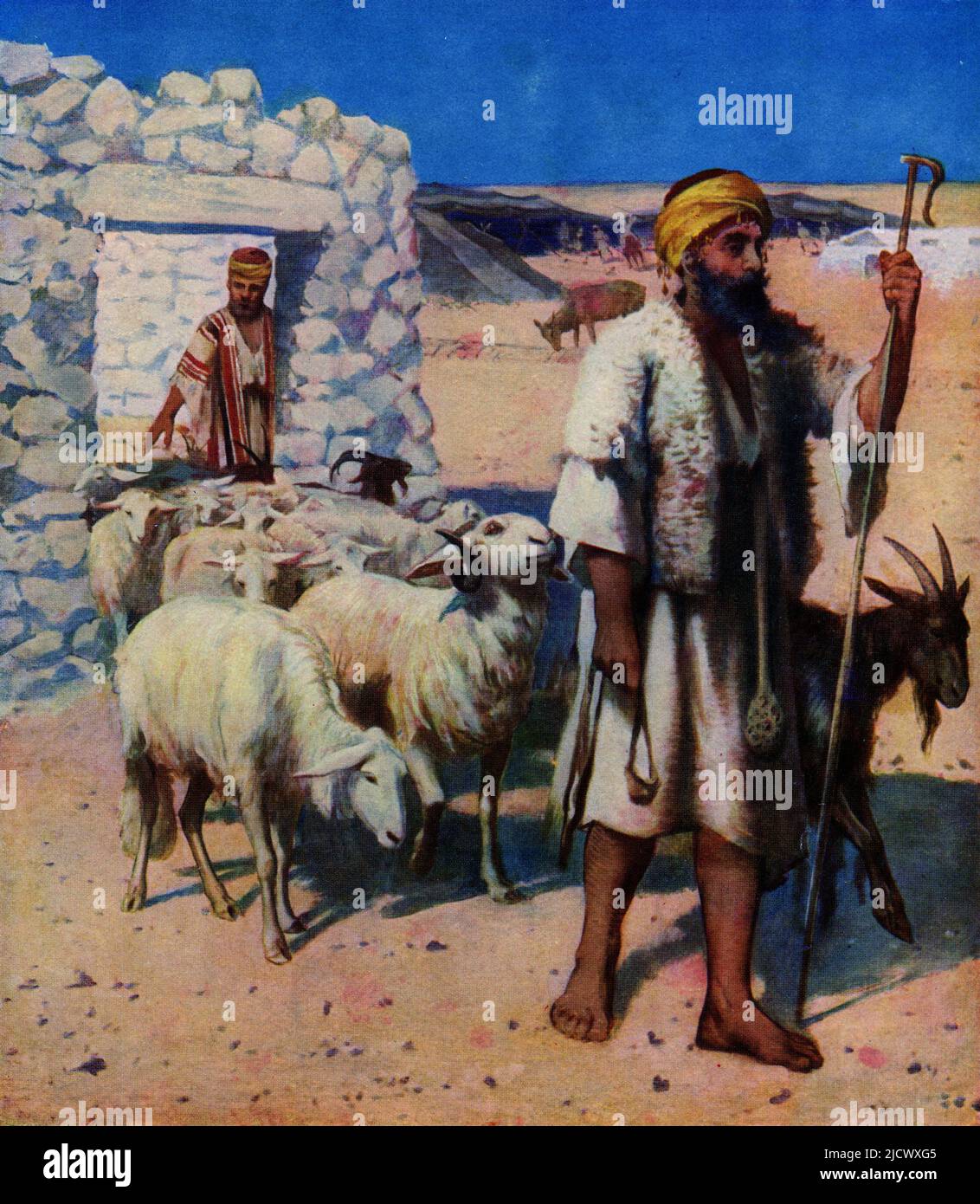 Illustration of a Middle Eastern tshepherd. The Original caption reads: the shepherd is holding the home-made native sling in his right hand, and the staff or crook in his felt, whilst attached to his girdle is the oak club or 'rod', a formidable werapon, to protect the flock from wild beasts, bedaween, and brigands. He wears the white kamise, and over it the reversible sheepskin coat. Two sheepfolds are shown,. a bedaween camp in the distance, and a hind in the centre, standing over a covered aqueduct. Quiver magazine 1913. Stock Photo