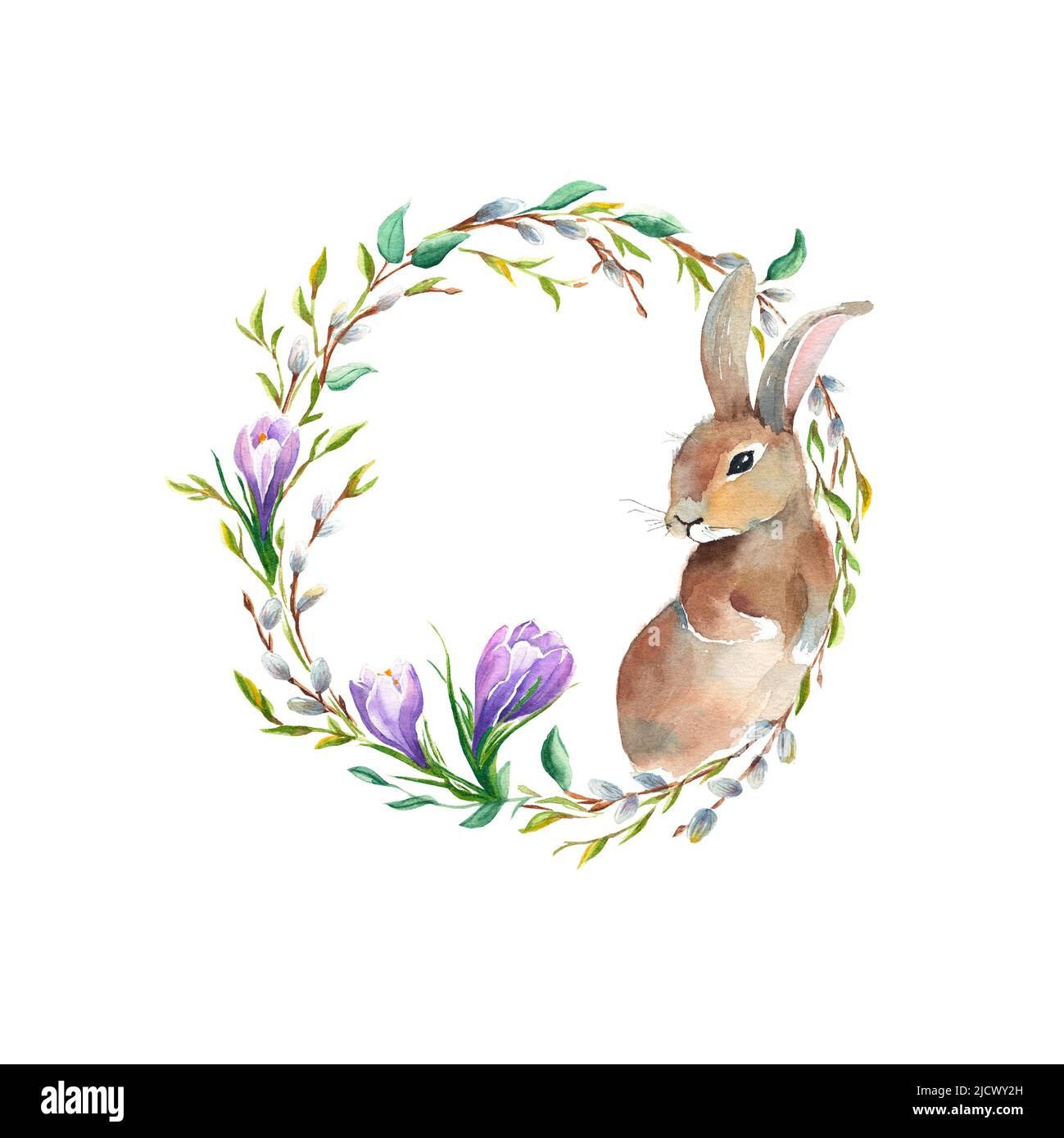 Spring floral wreath with cute bunny isolated on white background ...
