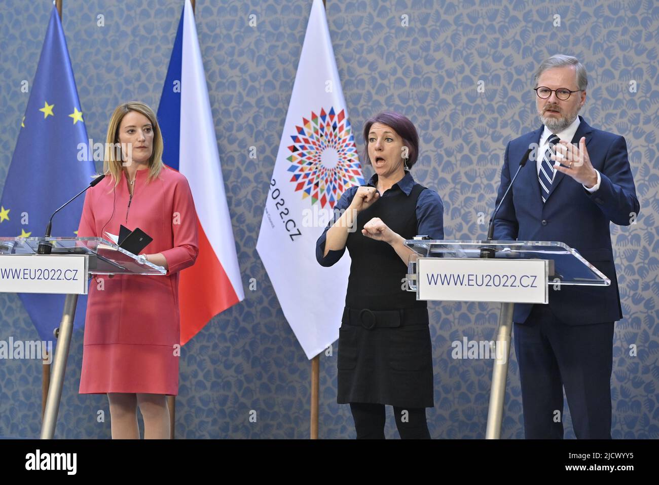 Prague, Czech Republic. 16th June, 2022. Czech Prime Minister Petr Fiala, right, and European Parliament (EP) President Roberta Metsola, left, give the press conference after their meeting, on June 16, 2022, in Prague, Czech Republic. Credit: Vit Simanek/CTK Photo/Alamy Live News Stock Photo