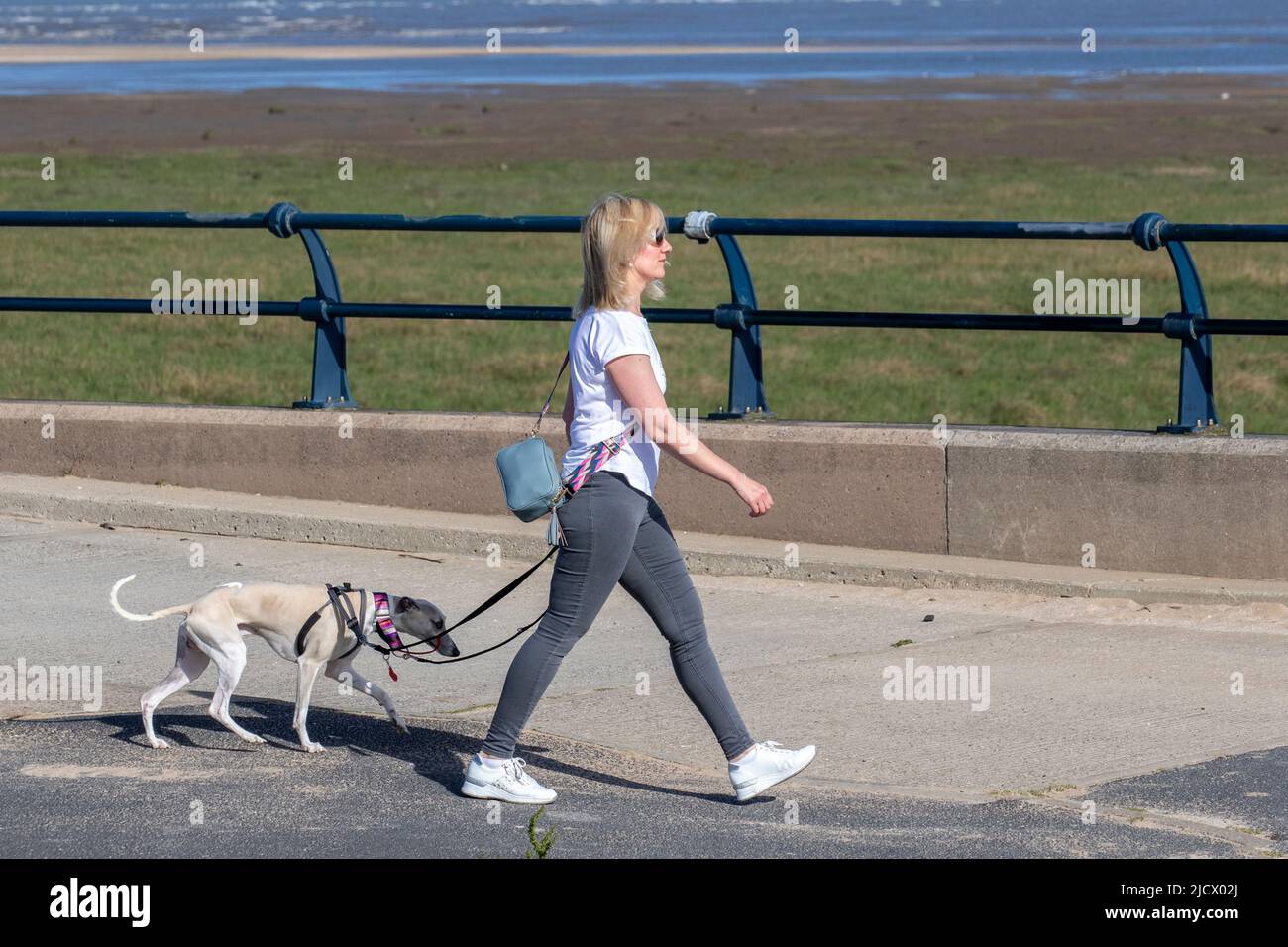 Southport, Merseyside.  Uk Weather. 16th June 2022. Highest temperatures of the week expected as local residents take light exercise on the seafront promenade.  A  warm and fine day with plenty of sunshine with highs of 23C.  Credit; MediaWorldImages/AlamyLiveNews Stock Photo
