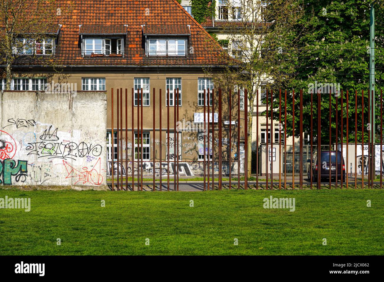 The Berlin Wall Memorial on Bernauer Strasse with a 60 meter long section of the former border, Berlin, Germany, 2.5.22 Stock Photo