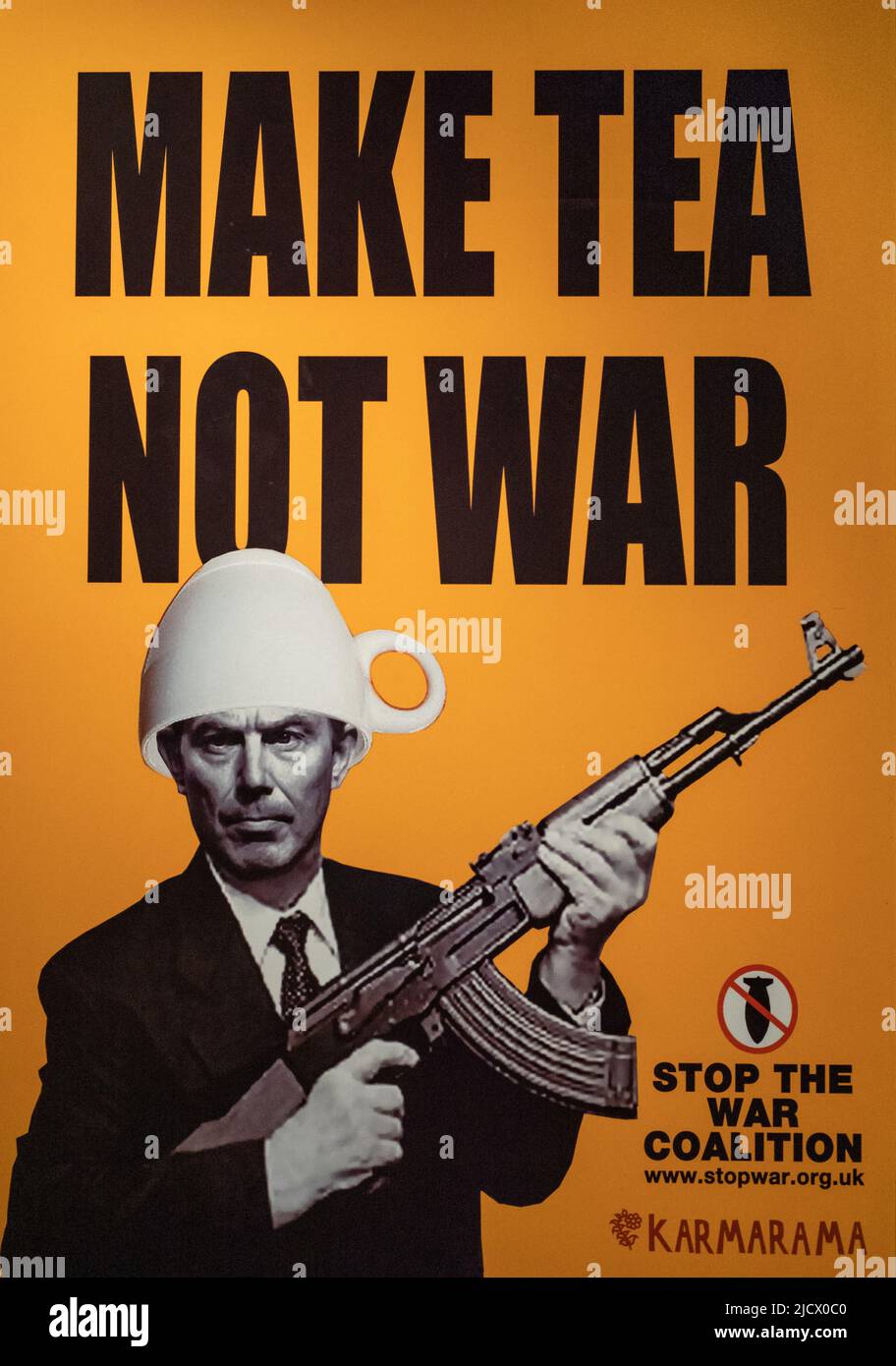 A protest poster against the Iraq War in 2003 on display at the Imperial War Museum (IWM) in London. Stock Photo