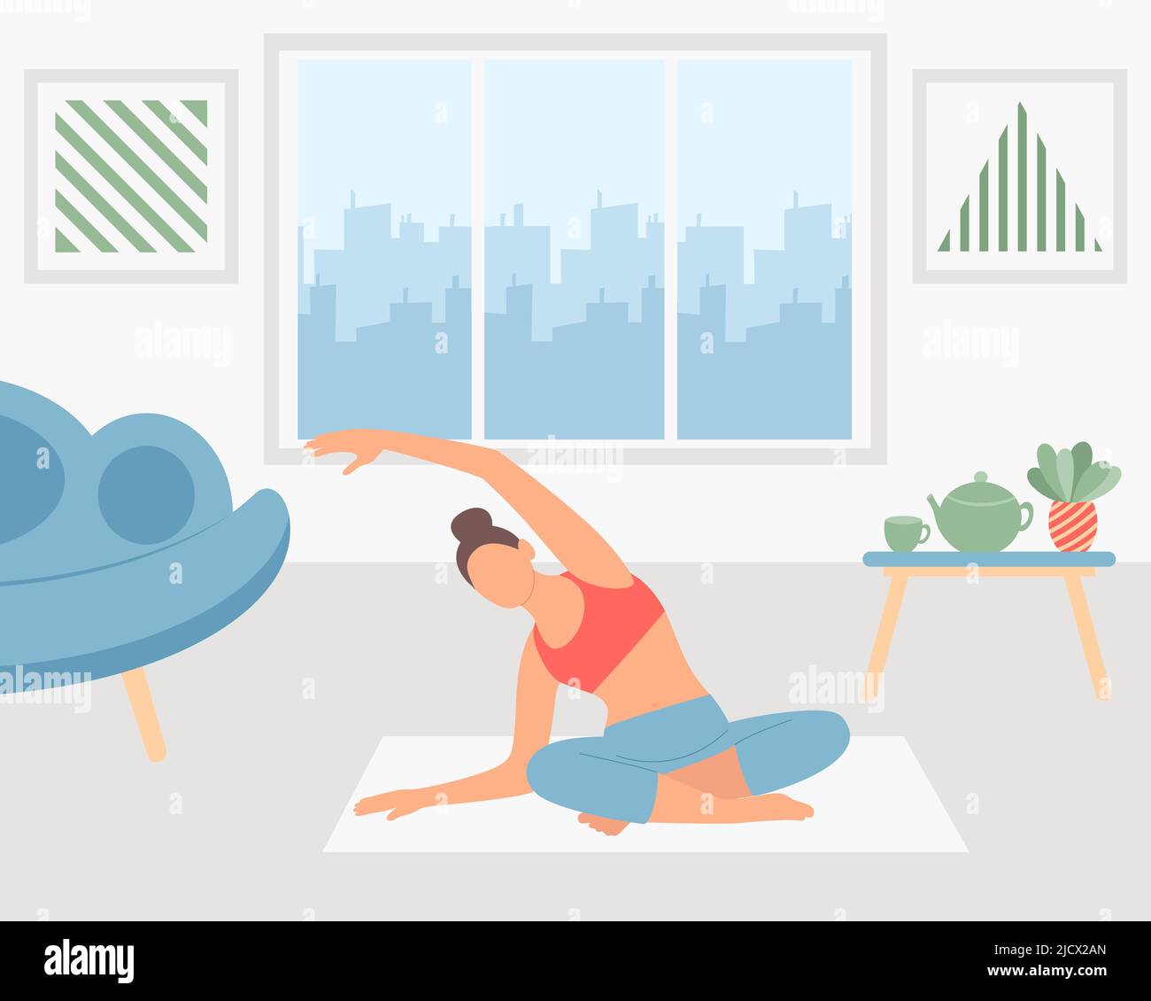 Adult woman practicing yoga at home vector illustration Stock Vector ...