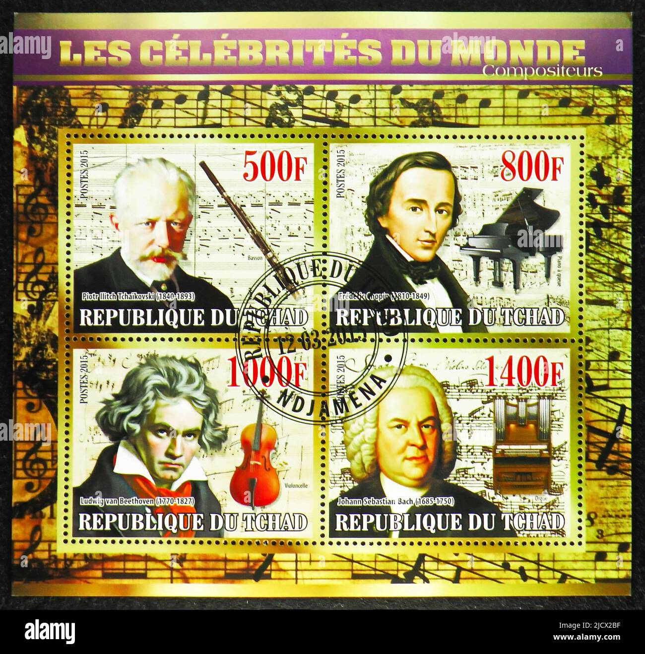 MOSCOW, RUSSIA - JUNE 12, 2022: Postage stamp printed in Chad shows Block: Celebrities of the Year, Tchaikovski, Chopin, Bach, Beethoven, Composers se Stock Photo