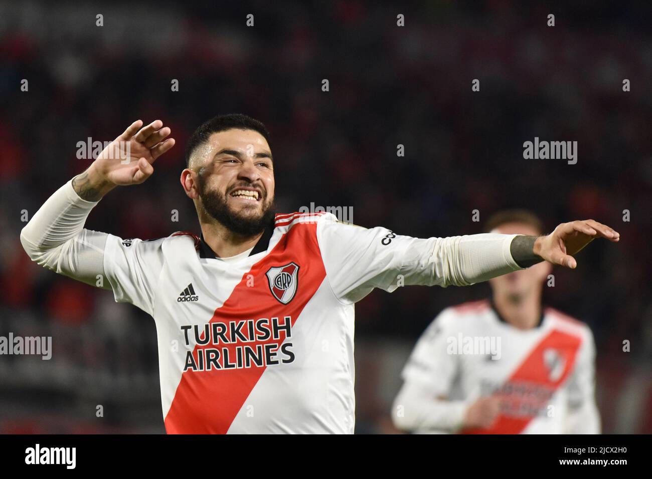 Buenos Aires, Argentina, 25 may 2022. Elias Gómez from River Plate celebrates his goal during Copa Libertadores 2022. Stock Photo