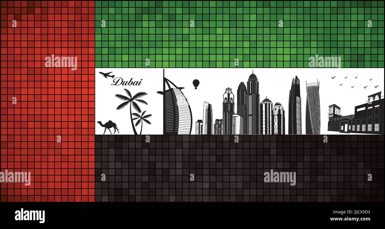 Dubai city skyline with flag of UAE on background - illustration,  Mosaic Grunge flag of the UAE Stock Vector