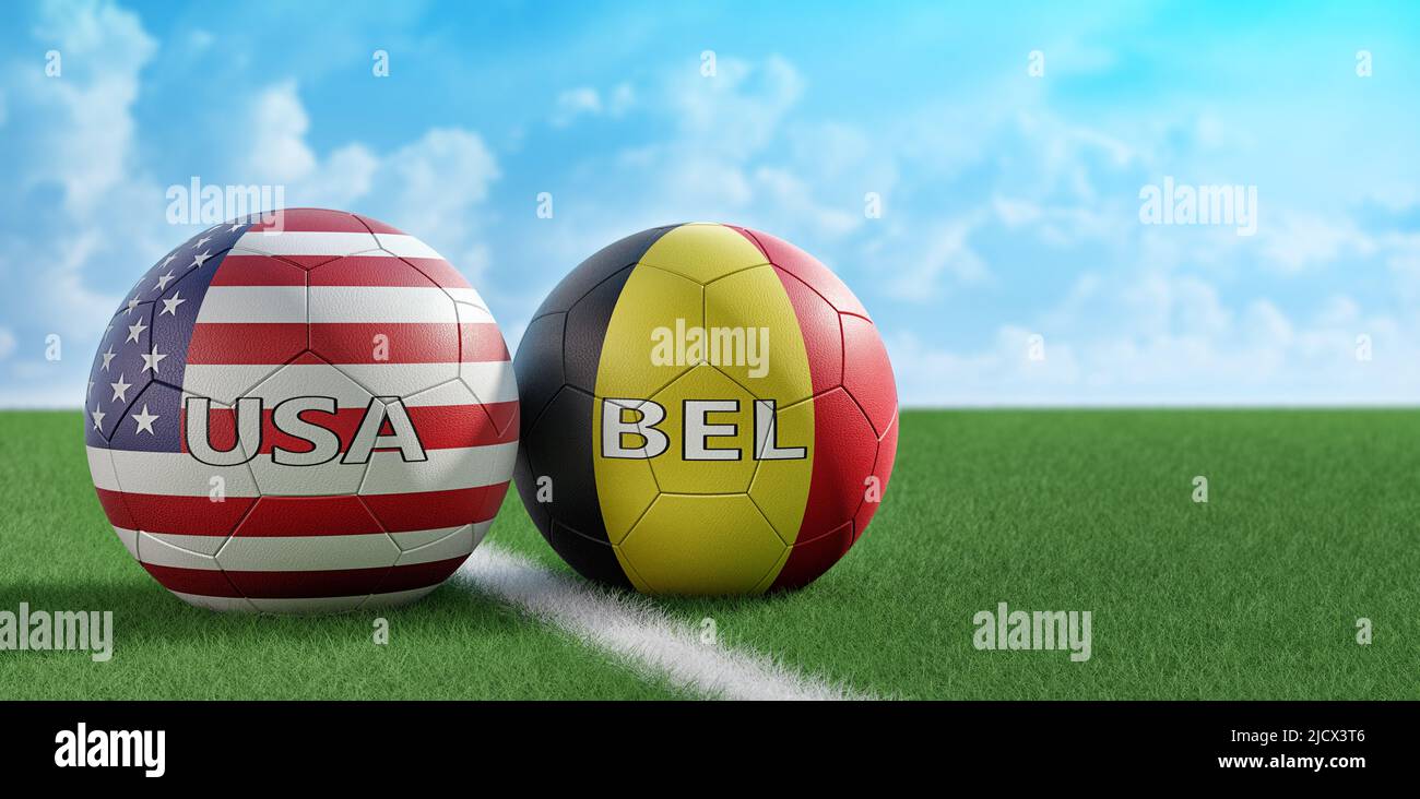 USA vs. Belgium Soccer Match - Leather balls in USA and Belgium national colors. 3D Rendering Stock Photo