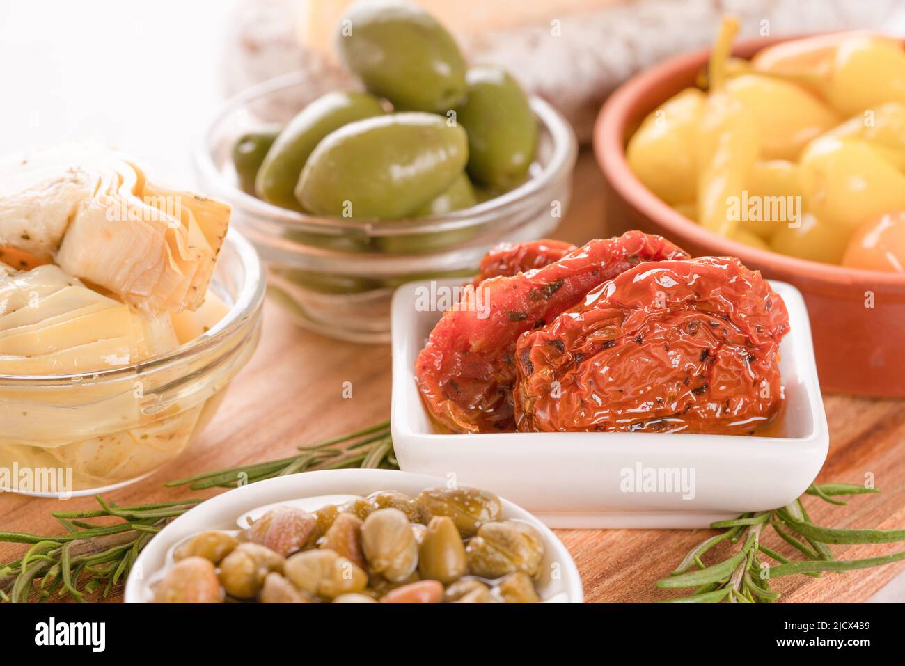 Selection of vegetable antipasti sundried tomatoes, pickled