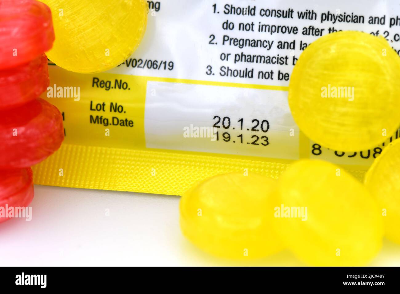 Manufacturing date and expiry date on some pharmaceutical packaging. Stock Photo