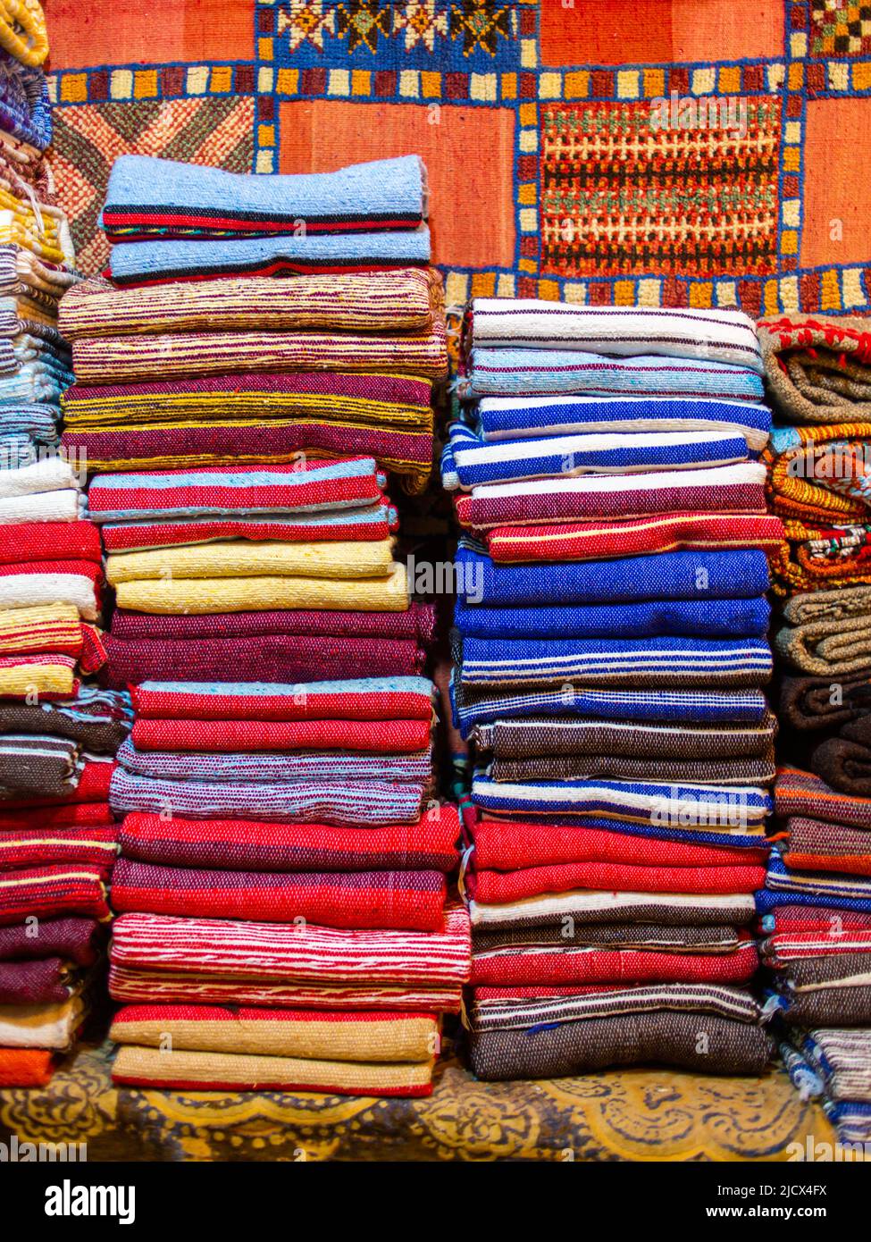 Chefchaouen, Morocco 18 January 2022 Colorful traditional silk and cotton fabrics in a