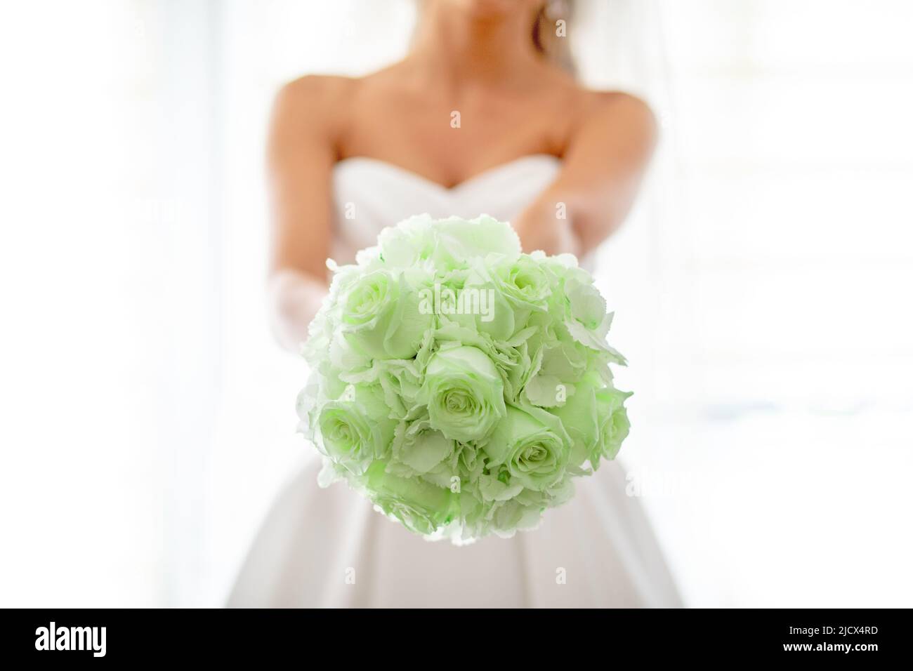 Today is wedding day! Bride with bouquet of gresh green roses in hands Stock Photo