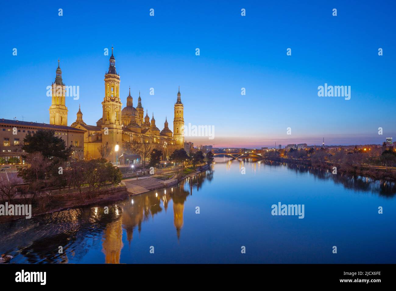 View of the Basilica of Our Lady of the Pillar and Ebro River, Zaragoza, Aragon, Spain, Europe Stock Photo