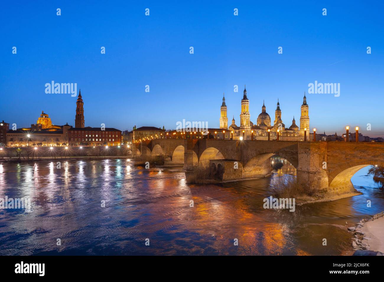 View of the Basilica of Our Lady of the Pillar and the Ebro River, Zaragoza, Aragon, Spain, Europe Stock Photo