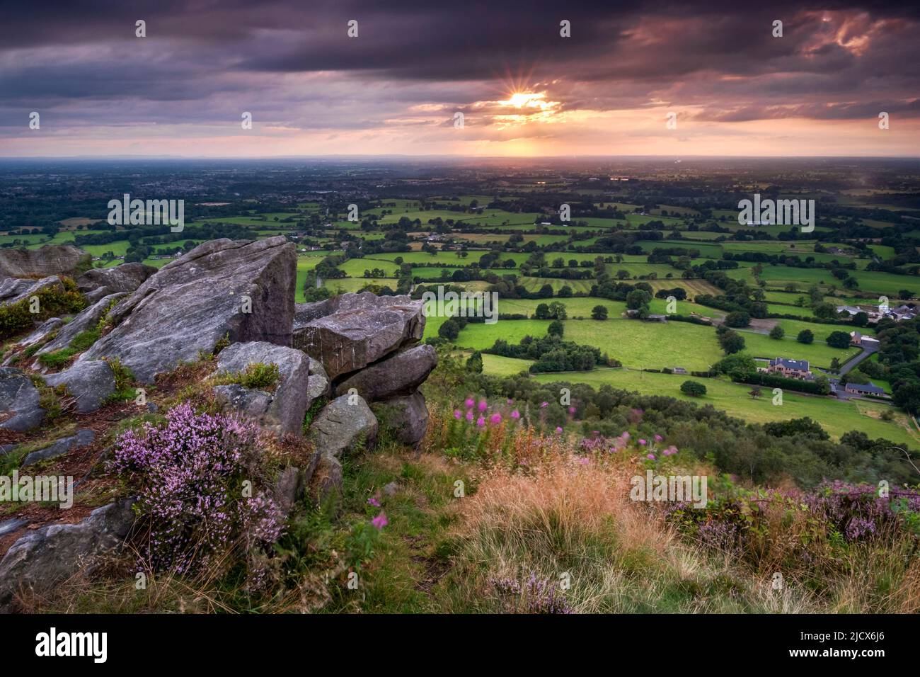 The Cheshire Plain viewed from Bosley Cloud in summer, Cloudside, near Bosley, Cheshire, England, United Kingdom, Europe Stock Photo