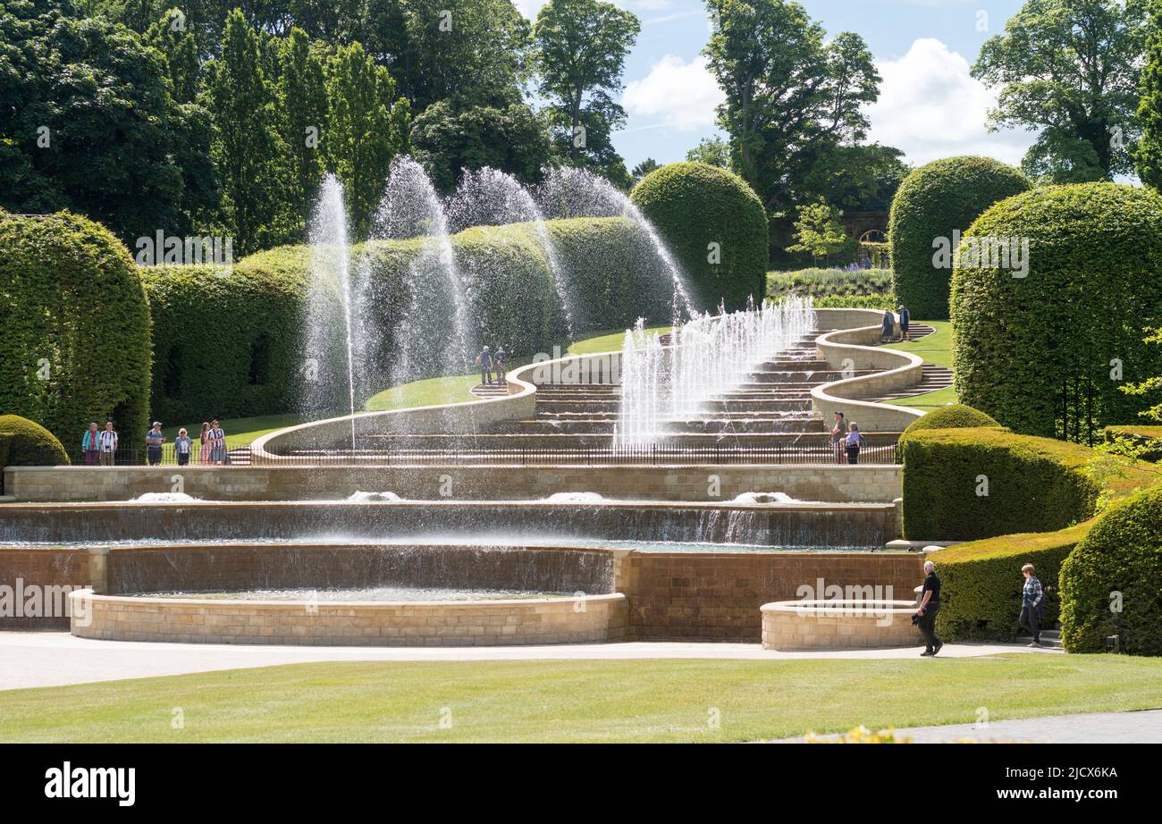 The grand cascade or water feature with fountains in Alnwick Gardens, Northumberland, England, UK Stock Photo