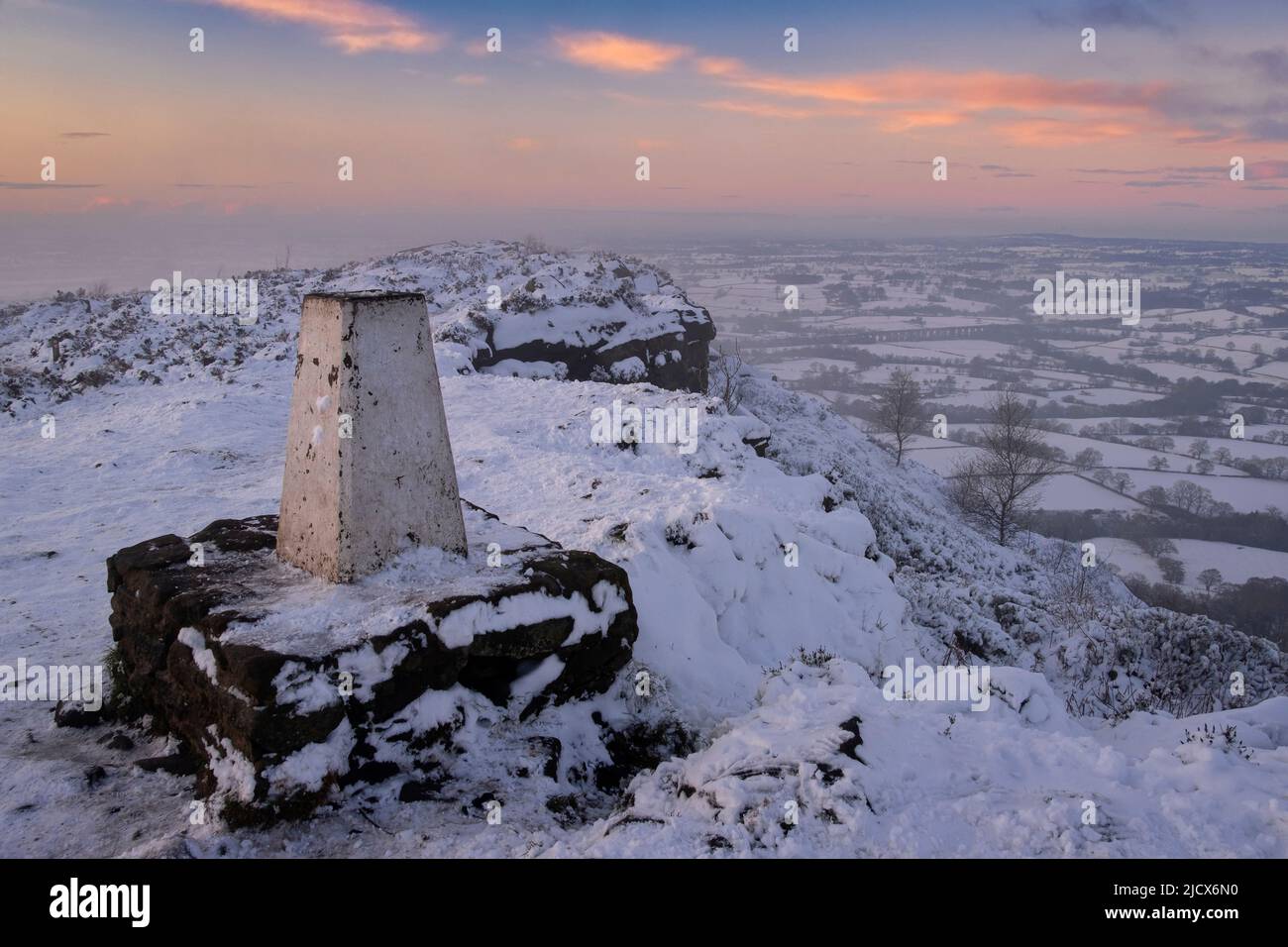 View from Bosley Cloud Trig Point and the Cheshire Plain in winter, near Bosley, Cheshire, England, United Kingdom, Europe Stock Photo