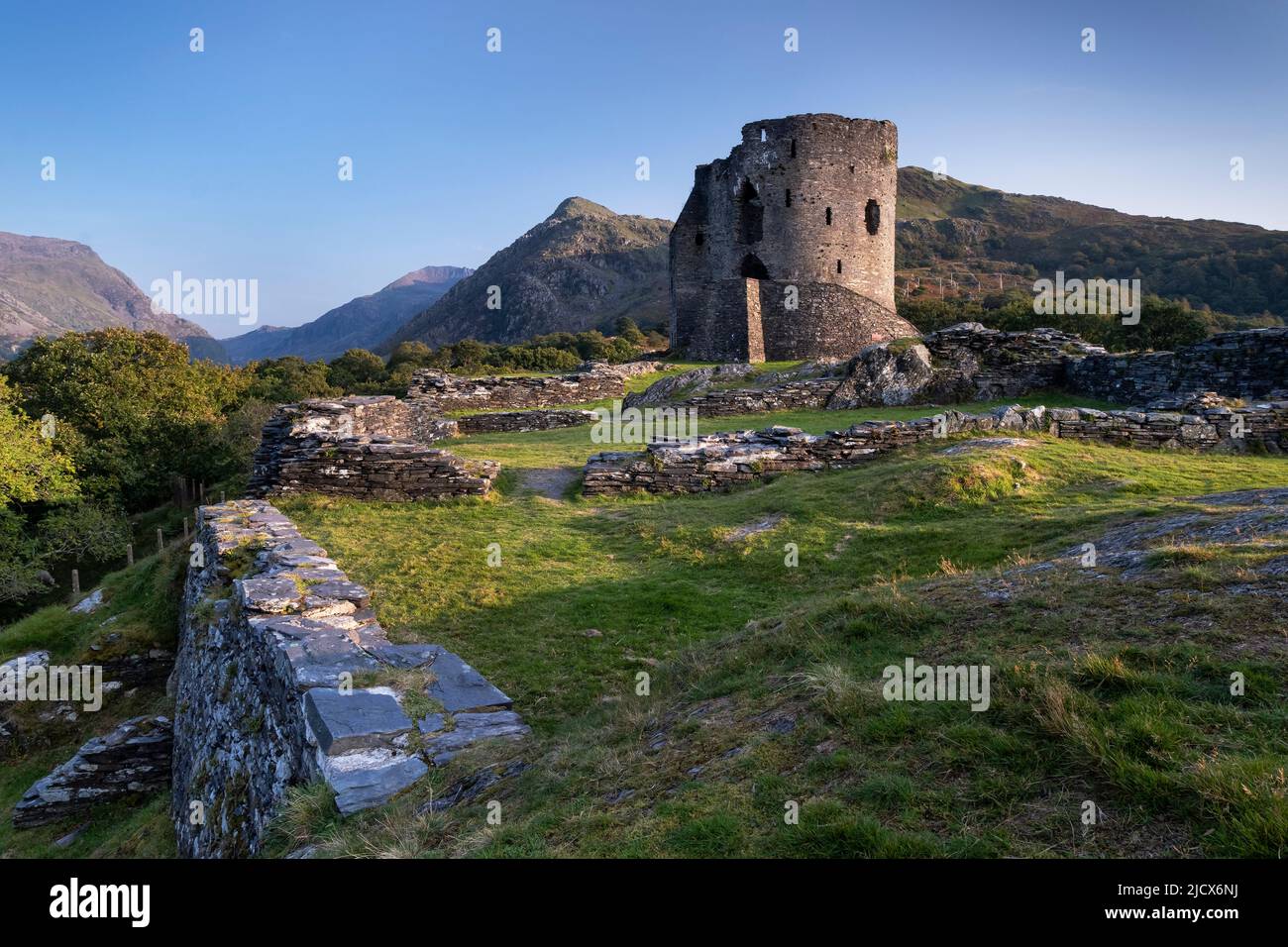 Dolbadarn Castle and the Llanberis Pass in summer, Snowdonia National Park, North Wales, United Kingdom, Europe Stock Photo
