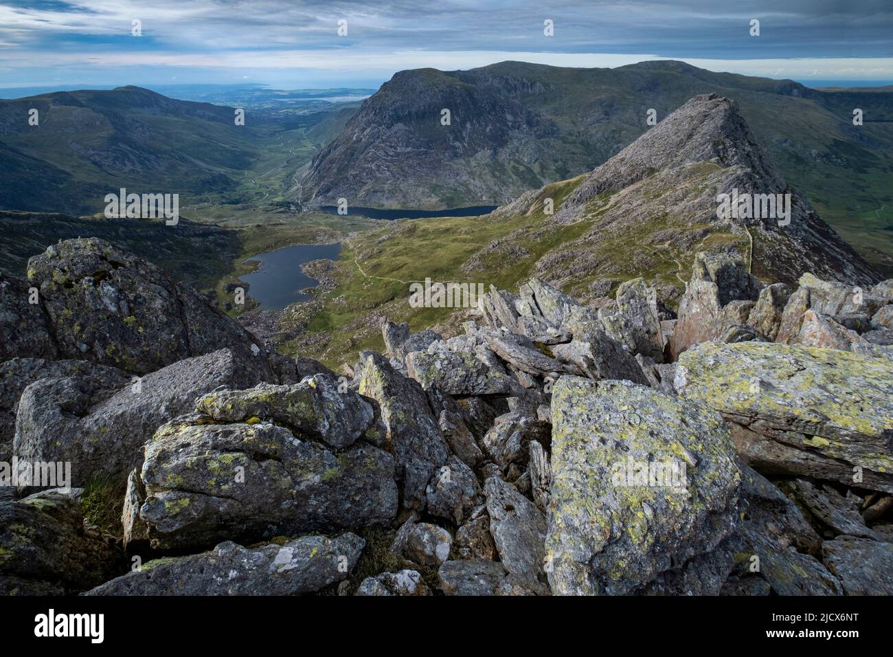 Tryfan, the Ogwen Valley and Glyderau Mountains viewed from Bristly Ridge, Snowdonia National Park, North Wales, United Kingdom, Europe Stock Photo