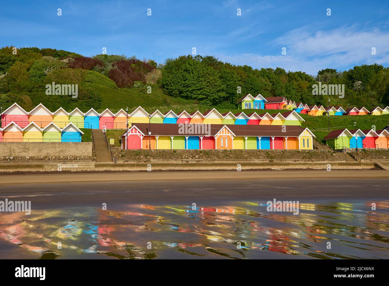Beach Huts on North Bay beach, Scarborough, Yorkshire, England, United Kingdom, Europe Stock Photo