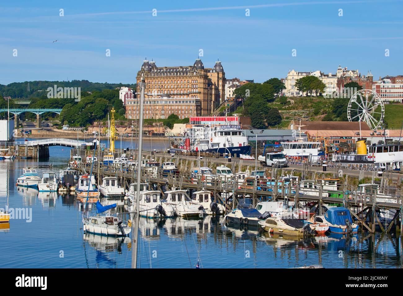 View of South Bay, looking towards Grand Hotel, Scarborough, Yorkshire, England, United Kingdom, Europe Stock Photo