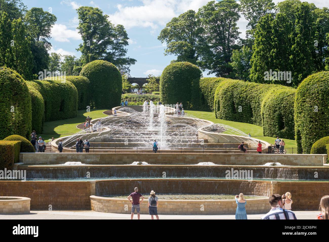 The grand cascade or water feature with fountains in Alnwick Gardens, Northumberland, England, UK Stock Photo
