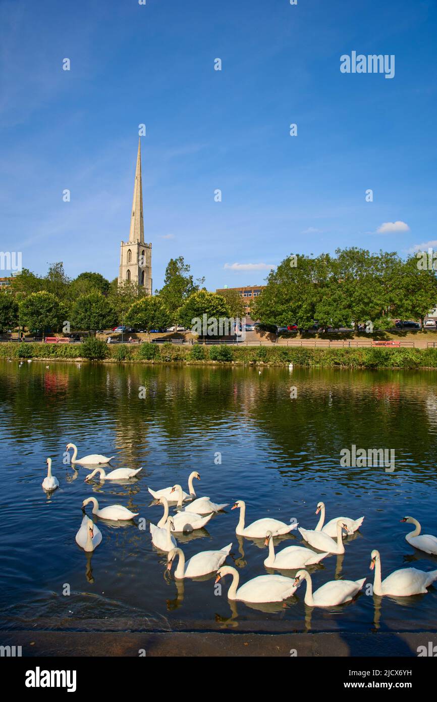 View of River Severn and St. Andrews Church, Worcester, Worcestershire, England, United Kingdom, Europe Stock Photo
