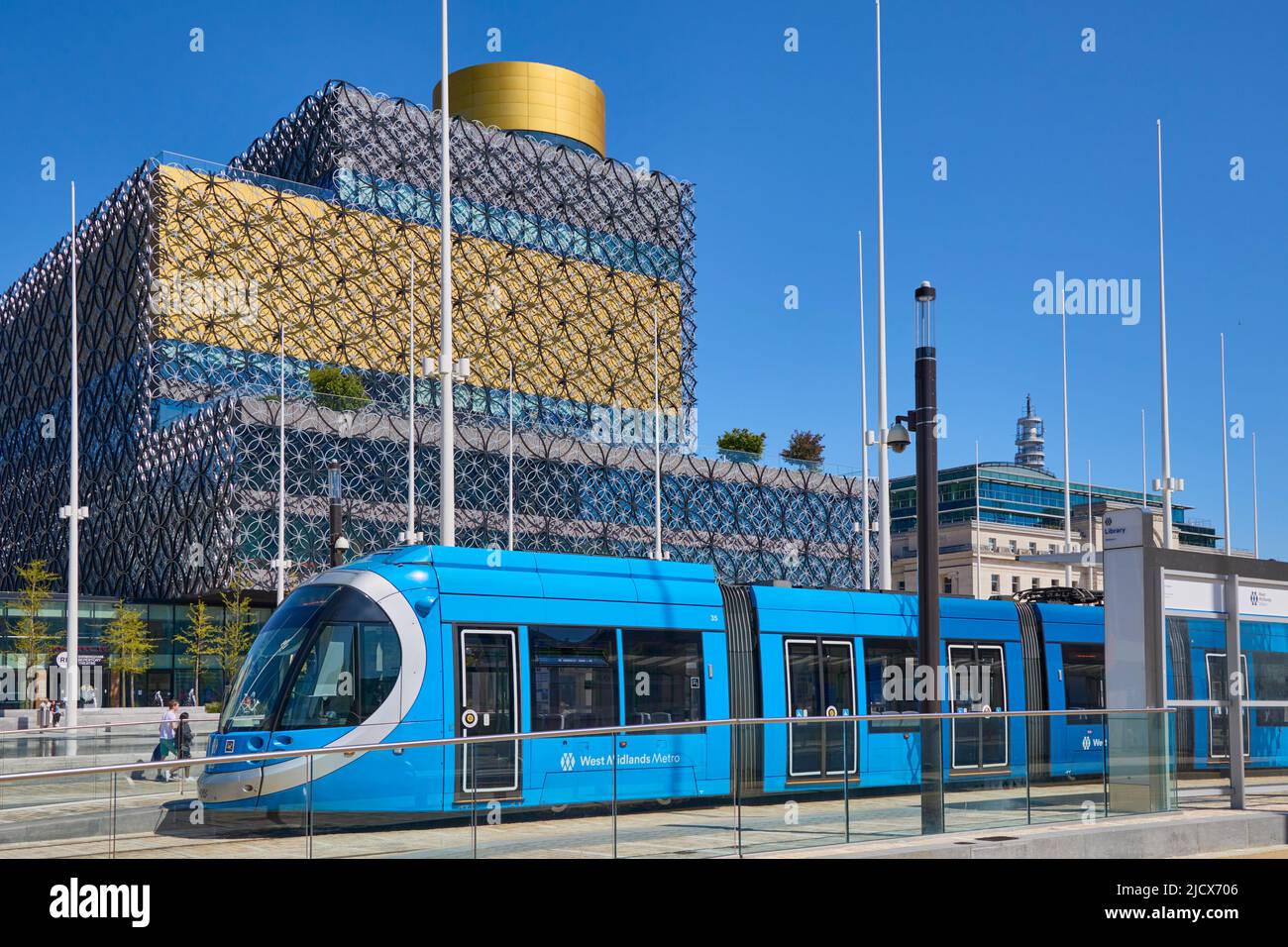 Tram in front of Library, Centenary Square, Birmingham, West Midlands, England, United Kingdom, Europe Stock Photo
