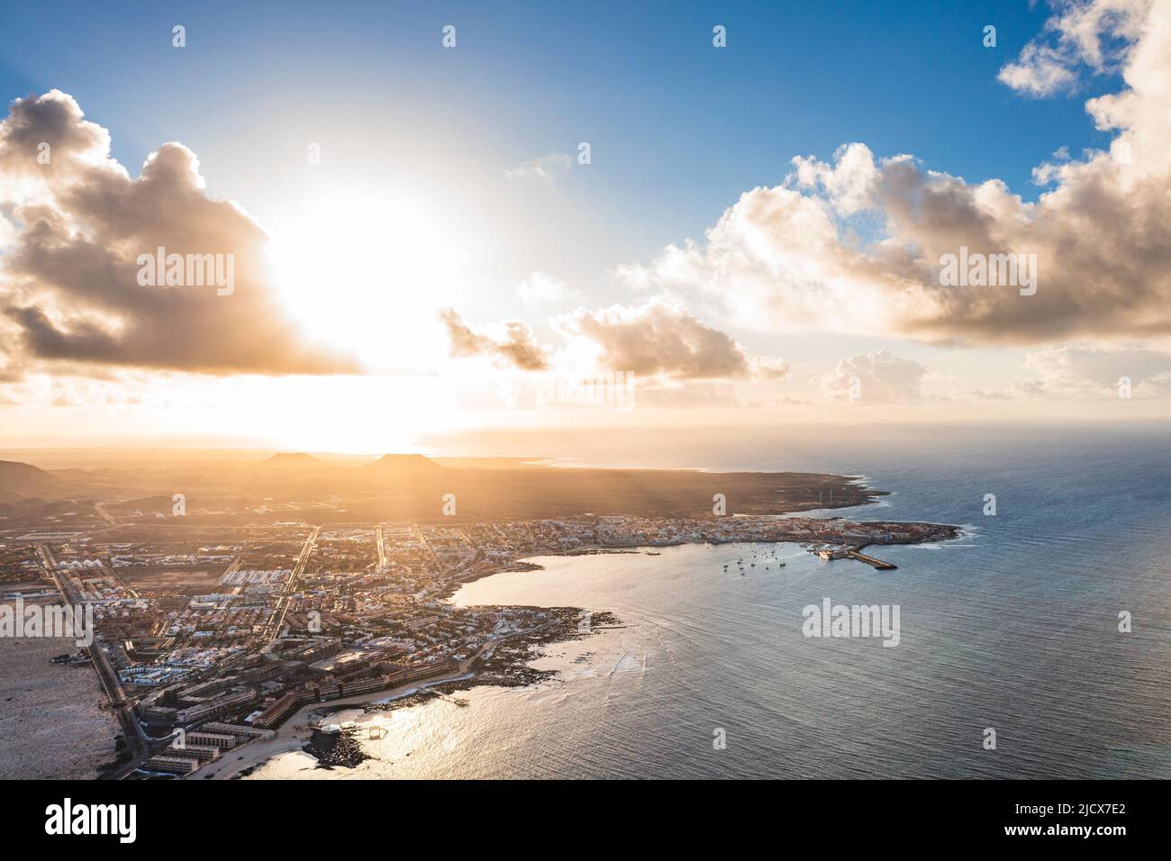 Aerial view of Corralejo at sunset, Fuerteventura, Canary Islands, Spain, Atlantic, Europe Stock Photo